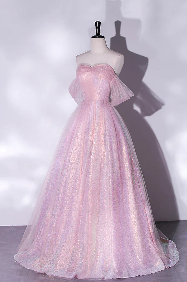 Wholesale Pink Sequins Long A-Line Prom Dress Off the Shoulder Evening Party Dress